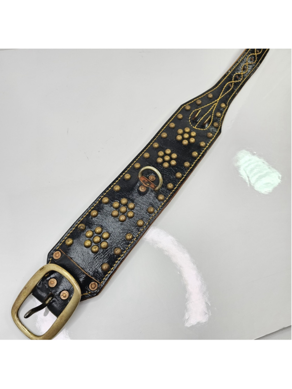 Vintage XL Black Leather Dog Collar Brass Studded Western Tooled Heavy Duty